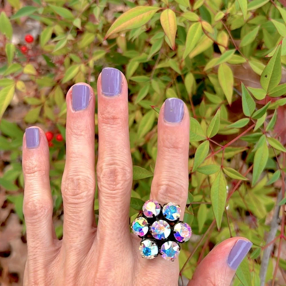 Aurora Borealis Antique Brass Crystal Flower Statement Cocktail Ring